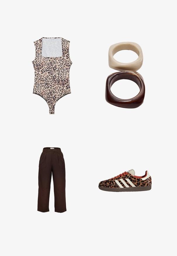 Bodysuit kuosi leopard dengan leher bulat, tanpa lengan, fabric lembut, dan penutupan snap di bagian bawah. Palet warna termasuk beige dan hitam.; Korkeavyötäröiset, tummanruskeat leveälahkeiset housut, joissa on vyölenkit ja etuletteet, esiteltynä valkoista taustaa vasten.; Tennarit leopardikuosisesta mikrokuidusta, joissa on punaiset nauhat ja kolme valkoista raitaa sivuilla. Ominaisuuksina kermaisen värinen kieli ja ruskea pohja.; Stradivarius SET - Rannekoru - dark brown