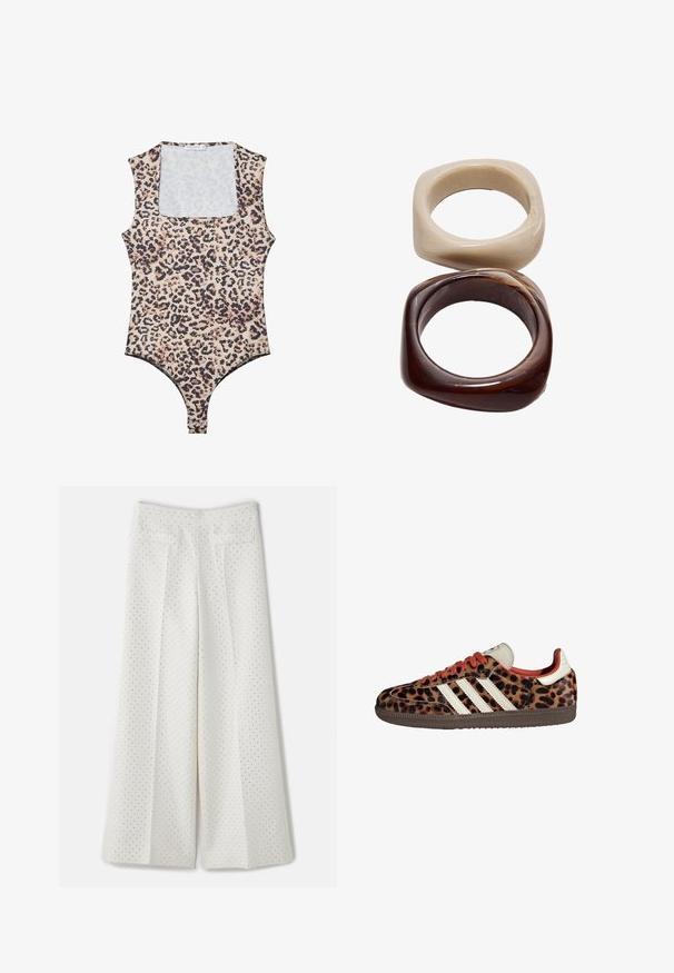 Bodysuit s leopardím potiskem, s kulatým výstřihem, bez rukávů, vyrobený z měkké látky a s patentkami na spodní části. Barevná paleta zahrnuje béžovou a černou.; sandro PANTALON - Kalhoty - ecru; Tenisky se vzorem leopardí kůže, z suédového materiálu, s červenými tkaničkami a třemi bílými pruhy na boku. Má krémovou jazyk a hnědou podrážku.; Stradivarius SET - Náramek - dark brown