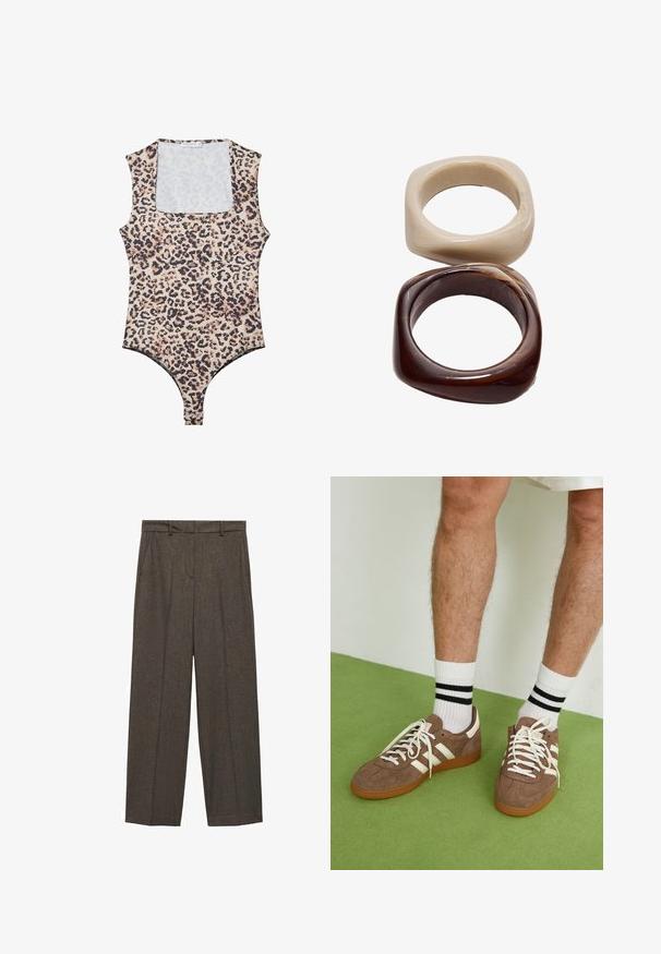 Body z printem w panterkę, z okrągłym dekoltem, bez rękawów, wykonany z miękkiego materiału i z zapięciem na zatrzask w dolnej części. Paleta kolorów obejmuje beż i czerń.; Brązowe szyte na miarę spodnie z teksturowanej tkaniny, z prostymi nogawkami, fałdami z przodu oraz standardowym pasem.; Brązowe zamszowe sneakersy z białymi akcentami i sznurówkami. Gumowa, brązowa podeszwa. Noszone z białymi skarpetkami w czarne paski. Zielona teksturowana podłoga.; Stradivarius SET ciemnobrązowy