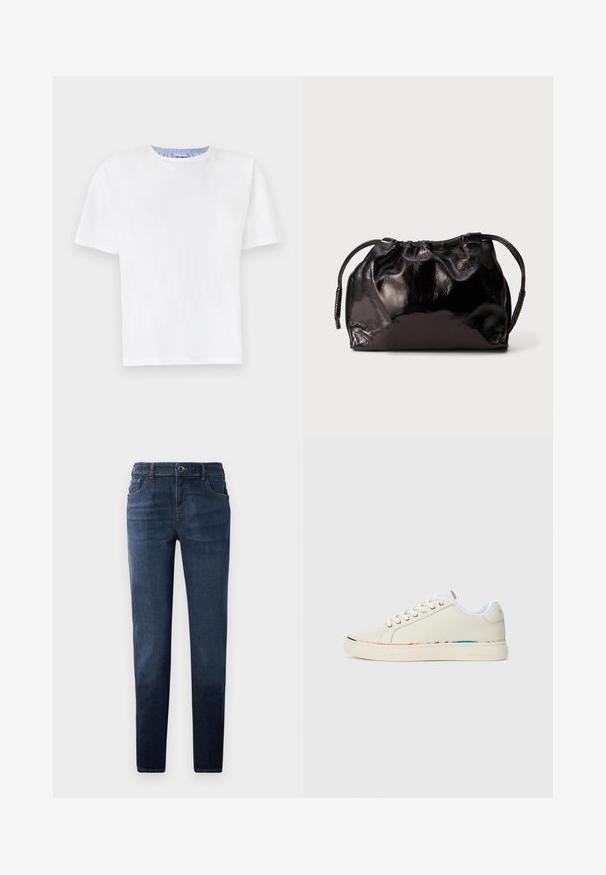 Hvit bomulls T-skjorte med rund hals. Har korte ermer og en blå stripete detalj på innsiden av halsen. Myk tekstur, vanlig passform.; Mørkeblå denimbukser med rett passform. Har knap og glidelås-lukking, fem lommer og kontraststing. Glatt tekstur.; Off-white lav top sneaker med snøring, hvit innvendig fôr og subtilt flerfarget trim langs sålekanten, sidevisning.; Liten svart blank skinnsnørepose med korte håndtak på en lys grå bakgrunn.