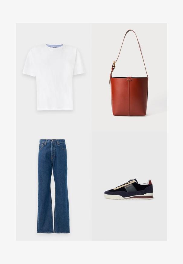 Tricou alb din bumbac, cu guler la baza gatului. Are manșete scurte și un detaliu cu dungi albastre pe gulerul interior. Textură moale, croială regulată.; Jeans din denim albastru, cu croială evazată și talie înaltă, cu cinci buzunare, închidere cu un nasture argintiu și detalii de cusătură vizibile.; Tenisi din suede navy cu accente bej și albastru închis. Prezintă o talpă din cauciuc albă și un brand aurit pe lateral. Design clasic sport.; Geantă de mână din piele maro, cu m解除at la umăr reglabil și cataramă aurie, detaliu simplu cu cusătura verticală pe față.