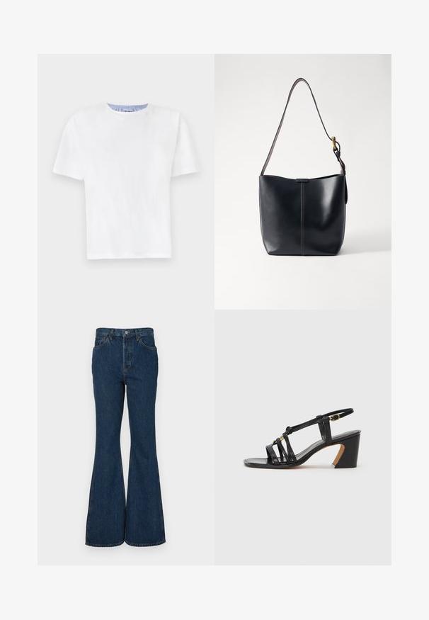 White cotton T-shirt with a crew neck. Features short sleeves and a blue striped detail on the inner neckline. Soft texture, regular fit.; Dark blue flared jeans made of denim. Features high waist, five pockets, and contrast stitching. Smooth texture and clean finish.; Paul Smith AMIRA - Classic heels - black; Black leather shoulder bag with a smooth texture, featuring a thin, long strap and a subtle stitched detail down the center.