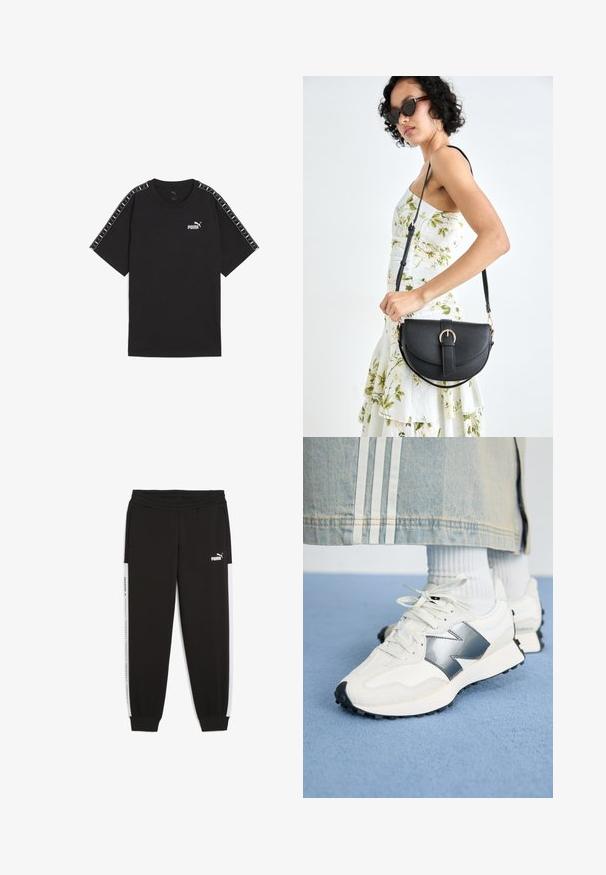 Black short-sleeve t-shirt made of cotton. Features white Puma logo on chest and patterned accents on shoulders. Standard fit and crew neck.; Black sweatpants with an elastic waistband, side pockets, and white side stripes featuring logo details. Made from soft, stretchy fabric.; White athletic sneakers with a silver accent, textured fabric and smooth leather; featuring a black rubber sole and laces.; Black leather handbag with a curved shape, detachable strap, and gold hardware. The bag features a flap with a buckle detail.
