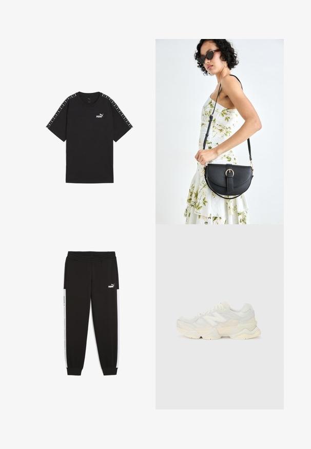 Čierne tričko s krátkym rukávom vyrobené z bavlny. Na hrudi sa nachádza biele logo Puma a na pleciach sú vzorované akcenty. Štandardný strih a okrúhly výstrih.; Čierne tepláky s elastickým pásom, bočnými vreckami a bielymi bočnými pruhmi s detailmi loga. Vyrobené z jemnej, pružnej tkaniny.; Ľahká teniska s vrchom z nylonovej sieťoviny a zamatovej kože v jemných krémových odtieňoch, so robustnou podrážkou a trojrozmernými akcentmi.; Čierna kožená kabelka s zaobleným tvarom, odnímateľným popruhom a zlatými doplnkami. Kabelka má klopu s detailom s prackou.