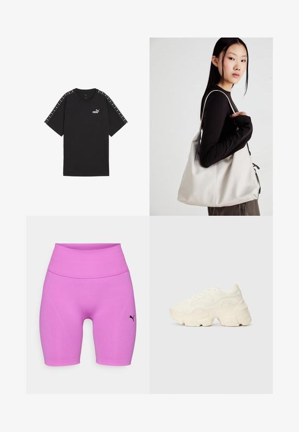 Camiseta negra de manga corta hecha de algodón. Presenta el logo blanco de Puma en el pecho y acentos decorativos en los hombros. Corte estándar y cuello redondo.; Pantalones cortos deportivos rosas con una cintura alta, textura suave y un logo negro. Presenta un diseño ajustado y detalles de costura.; Zapatillas blancas gruesas hechas de malla texturizada y materiales sintéticos, con una suela gruesa y detalles de patrones intrincados a lo largo de los lados.; Bolso de mano beige hecho de material suave, con un diseño holgado, detalles cosidos y dos asas. Adecuado para uso diario.