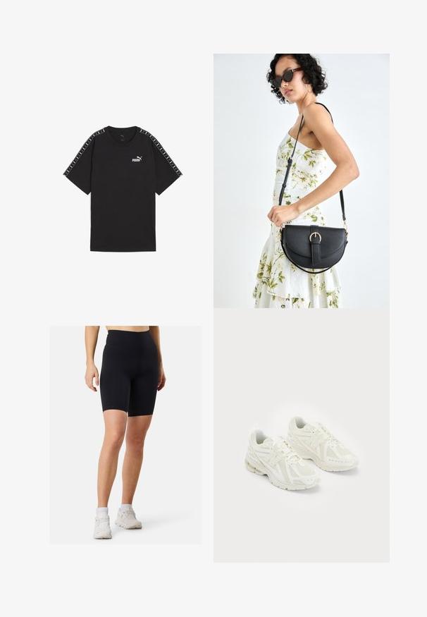 Svart t-shirt med kort ärm i bomull. Har en vit Puma-logotyp på bröstet och mönstrade detaljer på axlarna. Standard passform och rund halsringning.; Svarta högmidjade cykelbyxor i stretchmaterial med en mjuk textur, har en figursydd design och längd som går till mitten av låret.; Vita sportskor i vitt med mesh och syntetiska material, snörningsdesign, vadderad krage och texturerad sula för grepp. Lättviktig konstruktion.; Svart läderhandväska med en böjd form, avtagbar rem och guldiga detaljer. Väskan har ett lock med en spänndetalj.