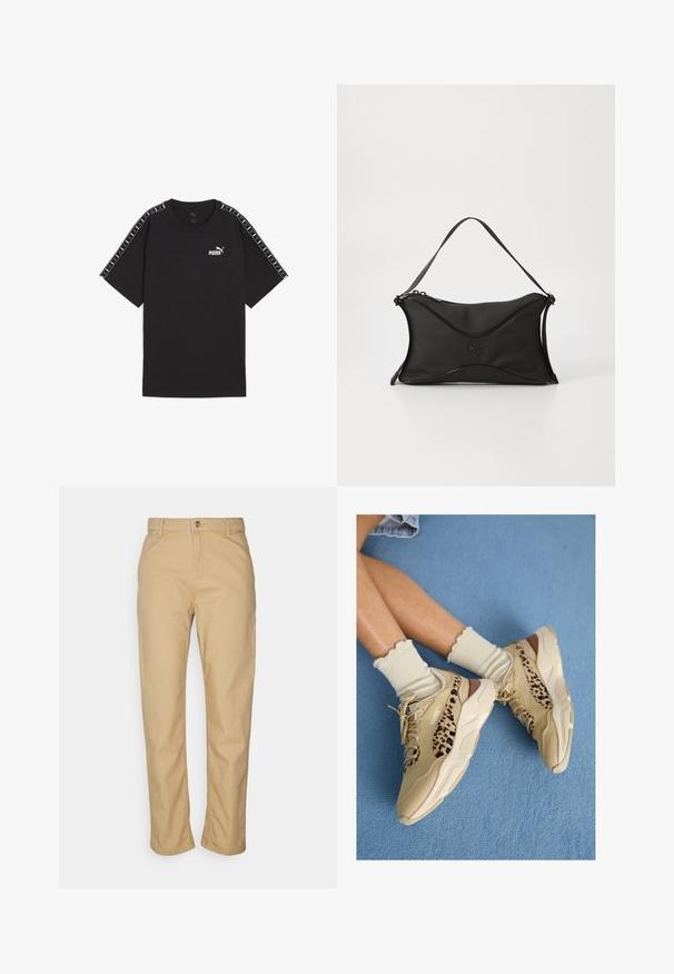 Zwart T-shirt met korte mouwen, gemaakt van katoen. Bevat een witte Puma-logo op de borst en gestreepte accenten op de schouders. Standaard pasvorm en ronde hals.; Carhartt WIP PIERCE PANT - Broek - tan; Gekruiste benen met beige Puma sneakers met luipaardprint strepen en gerimpelde crème sokken op een blauw tapijt.; Zwarte handtas van een zacht, textuur materiaal. Heeft een golvend ontwerp, een enkele schouderband en een subtiel logo-detail op de voorkant.