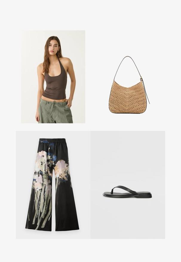 Brązowy bezrękawnik z okrągłym dekoltem i marszczeniem, w połączeniu z oliwkowymi spodniami cargo na sznurku.; Szerokie spodnie w czarnym kolorze z nadrukiem kwiatowym w odcieniach różu, niebieskiego i zielonego; elastyczny pas dla komfortu.; Czarne klapki wykonane z gładkiej skóry, z cienkim paskiem i płaską podeszwą o minimalistycznym profilu. Brak widocznych wzorów lub akcentów.; Woven straw shoulder bag in a curved shape, with a dark leather strap and a textured surface featuring a chevron pattern.
