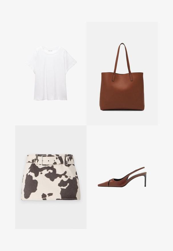 Tricou alb dintr-un material moale și ușor. Prezintă un decolteu rotund și mâneci scurte, largi, cu un croi lejer. Fără modele vizibile.; Fustă mini din denim cu print de vacă, cu talie cu brâu. Prezintă forme contrastante de culoare maro închis pe un fundal deschis. Material texturat cu cusături rezistente.; Sandale cu toc din piele maro, cu vârf ascuțit, detaliu decupat la vamp și un toc stiletto elegant. Textură netedă.; Geantă de umăr din piele maro cu o textură netedă, design cu vârf deschis și două curele pentru umăr. Prezintă cusături minime și fără componente metalice vizibile.