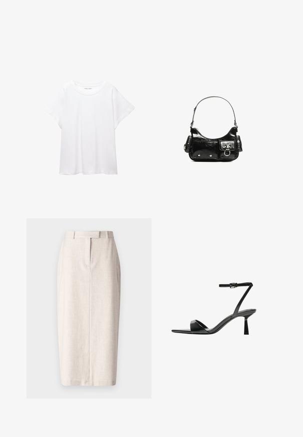 Bela majica s kratkimi rukavi, izdelana iz mehkega in lahkega blaga. Ima okroglo ovratnico ter kratke, široke rokave z udobnim krojem. Brez vidnih vzorcev.; Bež krilna suknja, krojena zasnova z čistimi linijami, izdelana iz teksturirane tkanine, z dolžino do kolen in zarezo na hrbtu.; Bershka Sandali z visoko peto - black; Črna lakasta usnjena torbica s ukrivljeno obliko, enim ramenskim trakom, sprednjimi žepi in srebrnimi kovinskimi dodatki.