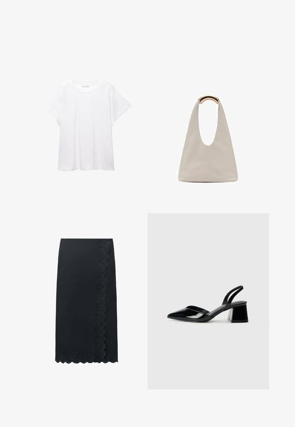 Biele tričko vyrobené z mäkkého, ľahkého materiálu. Má okrúhly výstrih a krátke, široké rukávy s uvoľneným strihom. Bez viditeľných vzorov.; Čierna sukňa po kolená so zúbkovaným čipkovým lemom pozdĺž pravej strany a lemu, s kvetinovými vyrezávanými vzormi.; Čierne lakované kožené sandálové podpätky s špicatou špičkou a geometrickým blokovým podpätkom. Disponujú elegantným, minimalistickým dizajnom a hladkým povrchom.; Svetlosivá kožená taška s U-tvarom a zakrivenou kovovou rukoväťou. Hladký povrch s minimálnym prešívaním a bez viditeľných vzorov.