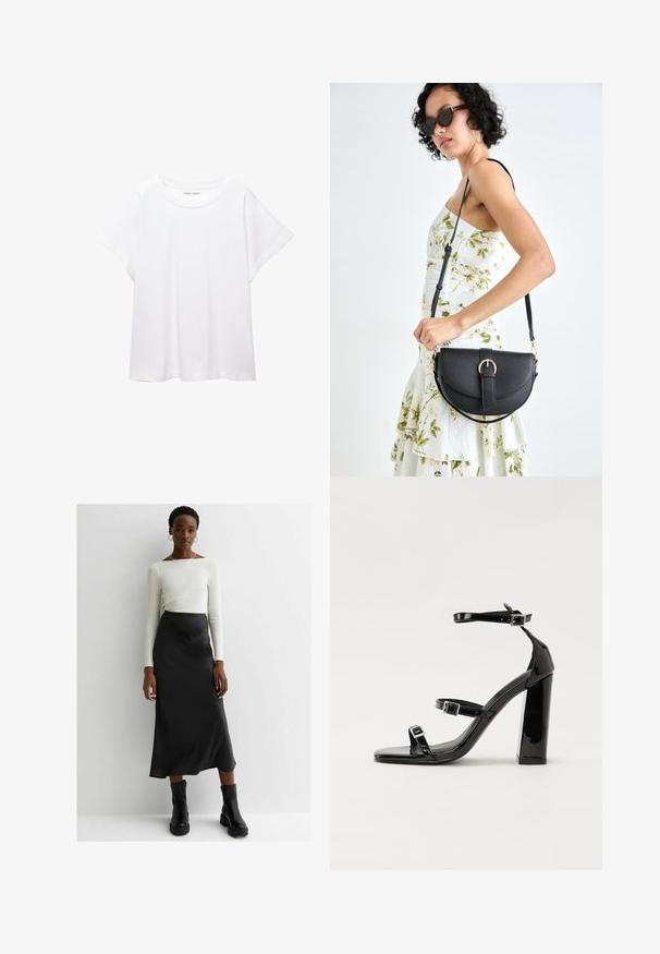 Witte T-shirt van zacht, lichtgewicht stof. Heeft een ronde halslijn en korte, brede mouwen met een ontspannen pasvorm. Geen zichtbare patronen.; Witte lange mouw top gecombineerd met een zwarte satijnen maxirok en zwarte chunky enkelschoenen. Eenvoudige silhouet met een gladde textuur.; Zwarte patent lederen sandalen met hoge hakken, twee gespenbanden, een vierkante neus en een stevige blokhak, met een gladde, glanzende textuur.; Zwarte leren handtas met een gebogen vorm, afneembare schouderband en gouden hardware. De tas heeft een klep met een gespsluiting.