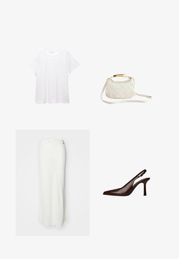 Witte T-shirt van zacht, lichtgewicht stof. Heeft een ronde halslijn en korte, brede mouwen met een ontspannen pasvorm. Geen zichtbare patronen.; Witte maxi rok van lichtgewicht stof met een gladde textuur, voorzien van een elastische tailleband met een trekkoord voor aanpassing.; Bruine lederen slingbackpomp met een spitse neus en een dunne hak. Voorzien van een kleine accentgesp op de band en een glossy afwerking.; Witte geweven leren handtas met een gouden handvat, afneembare schouderband en ronde bodem. Voorzien van een ritssluiting aan de bovenkant.