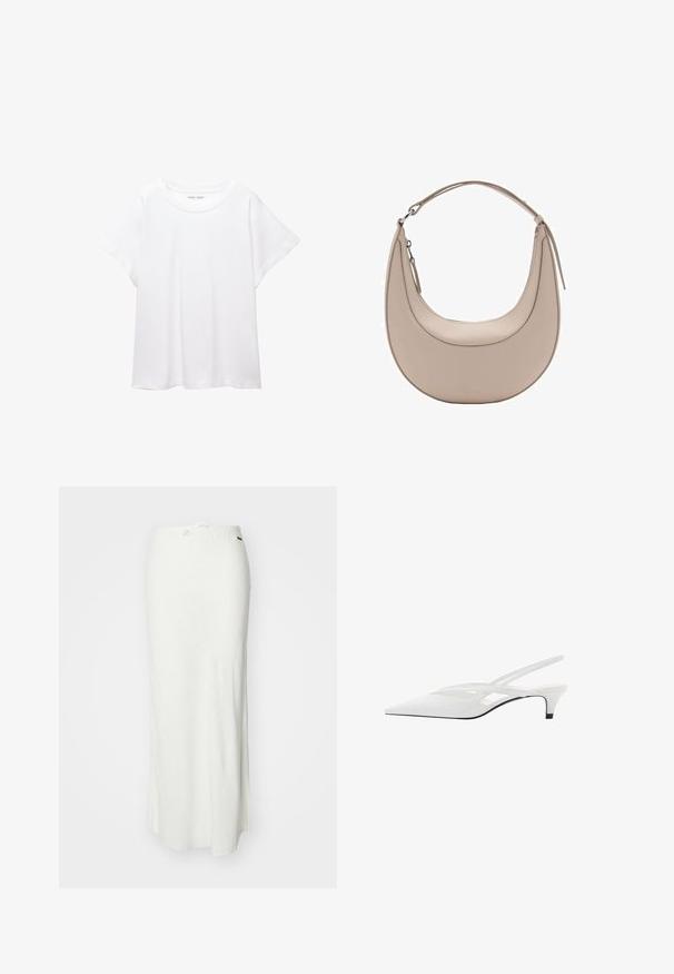 Weißes T-Shirt aus weichem, leichtem Stoff. Mit runder Halslinie und kurzen, weit geschnittenen Ärmeln für einen lässigen Sitz. Keine sichtbaren Muster.; Weiße Maxirock aus leichtem Stoff mit glatter Textur, ausgestattet mit einem elastischen Bund und einer Kordel zur Anpassung.; Weißer Slingback-Absatzschuh mit spitzer Zehenpartie, featuring ein glattes Obermaterial, subtile Ausschnitte und einen niedrigen Blockabsatz. Die schwarze Sohle betont das Design.; Beige Leder Schultertasche in Halbmondform, mit glatter Oberfläche und einem geschwungenen Henkel. Verfügt über einen Reißverschluss und saubere Nähte.