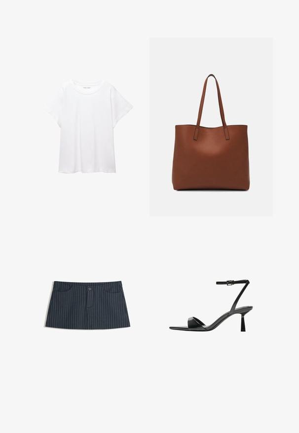 Biele tričko vyrobené z mäkkého, ľahkého materiálu. Má okrúhly výstrih a krátke, široké rukávy s uvoľneným strihom. Bez viditeľných vzorov.; Námorníckom modré mini sukne s pruhmi, so prednými vreckami a jednoduchým gombíkom na zapínanie v páse.; Bershka Sandále na vysokom opätku - black; Hnedá kožená taška na rameno s hladkou textúrou, otvoreným vrchom a dvoma ramenými popruhmi. Má minimálne šitia a žiadne viditeľné kovania.