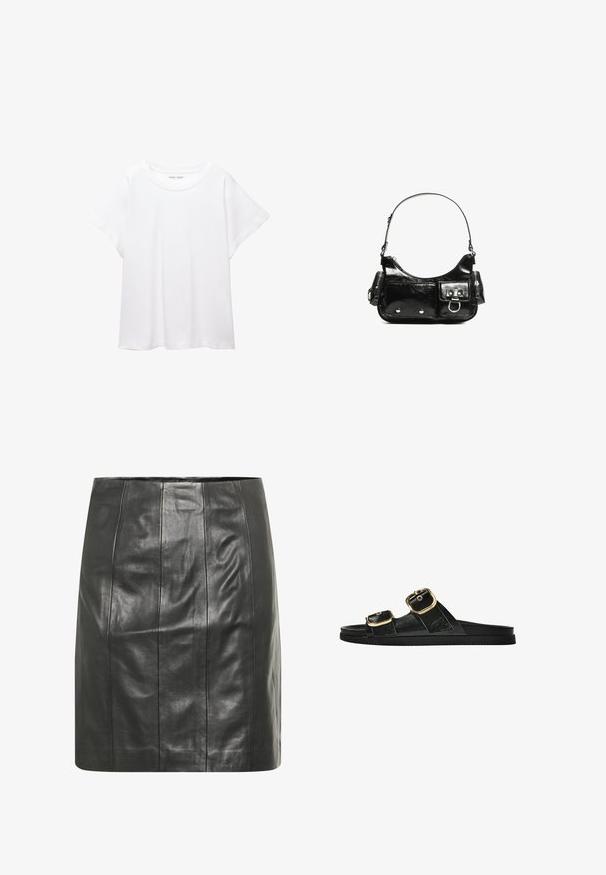 Fehér póló, puha, könnyű anyagból készült. Kerek nyakú, rövid, széles ujjaival és laza szabásával rendelkezik. Nincsenek látható minták.; Fekete bőr szoknya, testhez simuló siluettel, függőleges varratokkal a textúra fokozásáért és sima felületért.; Fekete csúszó szandál, két arany csattal, sima textúrájú anyagból, lapos talppal és minimalista dizájnnal.; Fekete lakkbőr kézitáska ívelt formával, egy vállpánttal, elülső zsebekkel és ezüstszínű fémrészletekkel.