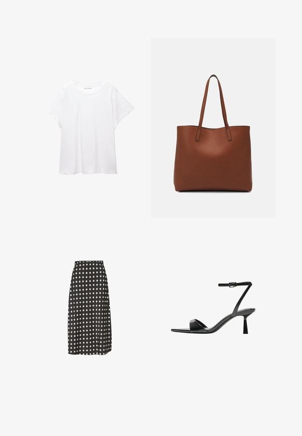 Biała koszulka wykonana z miękkiej, lekkiej tkaniny. Posiada okrągły dekolt oraz krótkie, szerokie rękawy, zapewniające luźny krój. Brak widocznych wzorów.; Czarna spódnica midi w białe kropki, wykonana z gładkiego materiału. Posiada dopasowaną talię i lekki rozporek z boku dla swobody ruchów.; Bershka - Sandały na obcasie; Brązowa skórzana torba tote o gładkiej fakturze, z otwartym wierzchem i dwoma ramiączkami. Charakteryzuje się minimalnym przeszyciem i brakiem widocznych elementów metalowych.