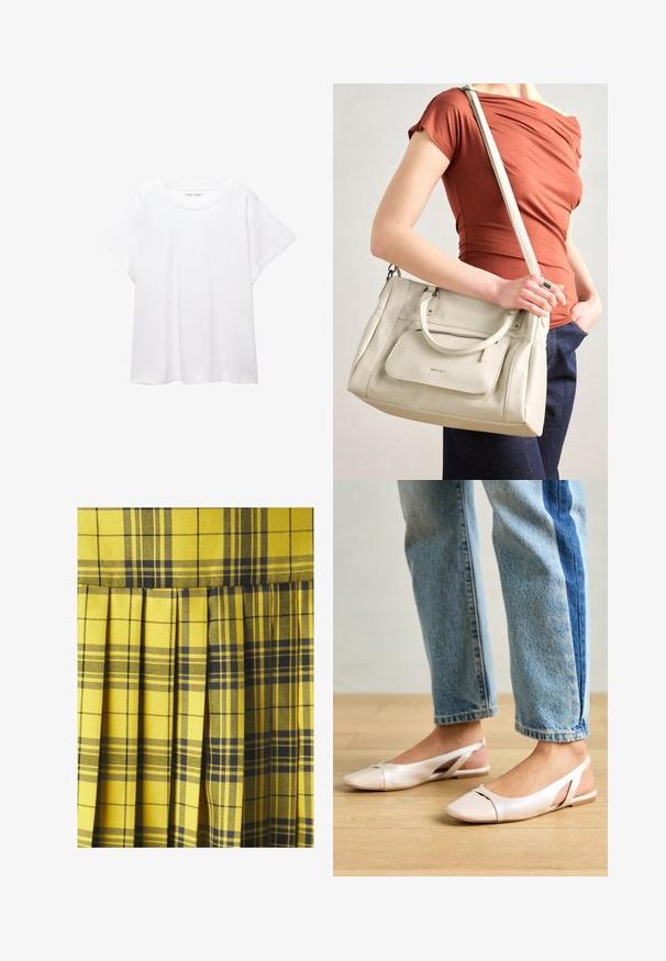 Bijela majica od mekane, lagane tkanine. Ima okrugli izrez i kratke, široke rukave s ležernim krojem. Bez vidljivih uzoraka.; SOMETHINGNEW PLISSE SKIRT - Plisirana suknja - sulphur; Svijetlo ružičaste slingback balerinke s šiljastim vrhom, izrađene od glatkog materijala nalik koži. Sadrže izrezane detalje sa strane i ravnu petu.; Bijela kožna torba s dvije ručke i odvojivim remenom, s prednjim zatvornim džepom i glatkom teksturom. Drži se na ruci osobe.