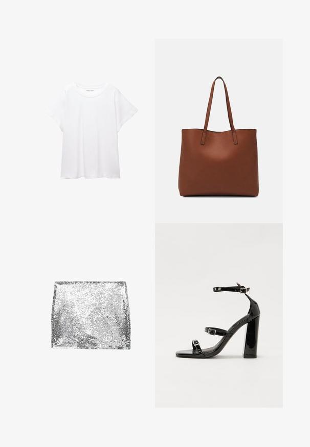 Biele tričko vyrobené z mäkkého, ľahkého materiálu. Má okrúhly výstrih a krátke, široké rukávy s uvoľneným strihom. Bez viditeľných vzorov.; Strieborná kabelka na ruku pokrytá flitrami, obdĺžnikový tvar, hladký povrch, reflexná štruktúra a bezspojový dizajn bez viditeľného hardvéru.; Čierne lakované sandále na podpätku so štvorcovou špičkou, navlečenými remienkami okolo členku a striebornými prackami. Disponujú masívnym blokovým podpätkom pre stabilitu.; Hnedá kožená taška na rameno s hladkou textúrou, otvoreným vrchom a dvoma ramenými popruhmi. Má minimálne šitia a žiadne viditeľné kovania.