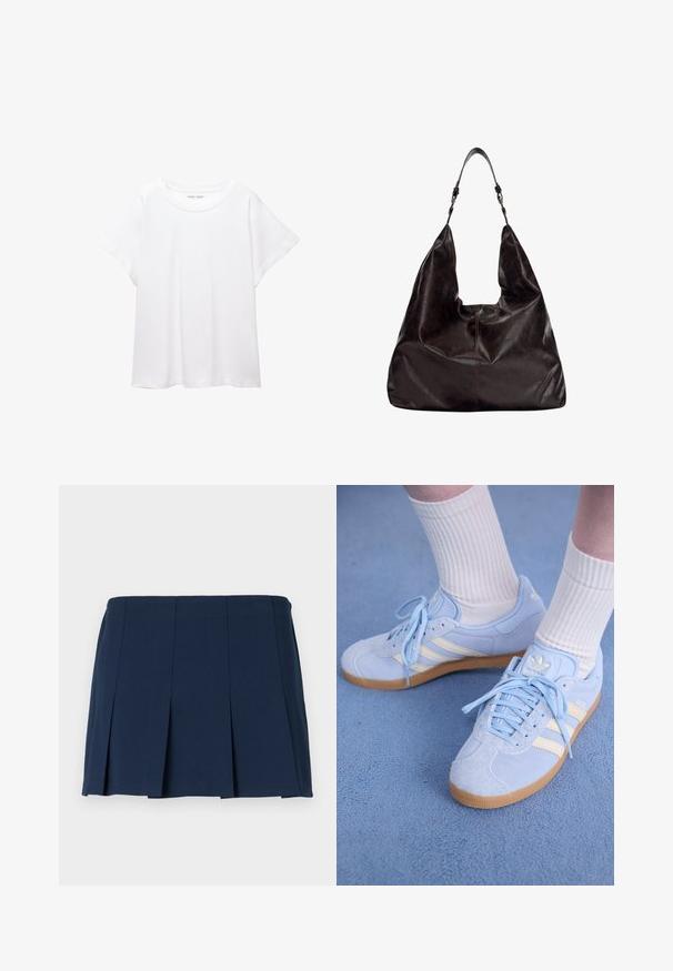 T-shirt bianco realizzato in un tessuto morbido e leggero. Presenta un collo rotondo e maniche corte e larghe con vestibilità morbida. Nessun motivo visibile.; Gonna mini plissettata blu navy con vita dritta, realizzata in un tessuto liscio. Presenta cuciture verticali lungo le plissettature.; Sneaker scamosciate azzurro chiaro con strisce bianche, lacci piatti e suola in gomma. Calze bianche a costine indossate sopra la caviglia.; Borsa a tracolla in pelle marrone scuro con una forma morbida, ampia apertura e una singola tracolla. Presenta accenti di cucitura sottili.