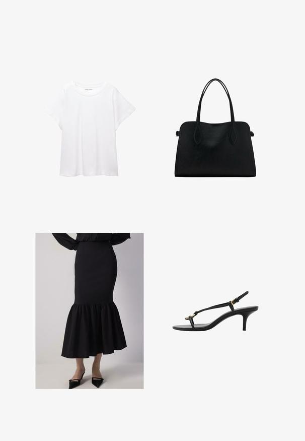 Bijela majica od mekane, lagane tkanine. Ima okrugli izrez i kratke, široke rukave s ležernim krojem. Bez vidljivih uzoraka.; Crna sirena suknja s prilagođenim strukom, raširenim dnom i teksturiranim materijalom. Završava odmah ispod koljena s detaljem od volana.; Crne kožne sandale s kitten heel potpeticama, tankim trakama, zlatnom kopčom i minimalističkom petom za prste, na bijeloj pozadini.; Crna kožna torba s dvostrukim naramenicama, pravokutnog oblika i minimalističkim dizajnom na bijeloj pozadini.