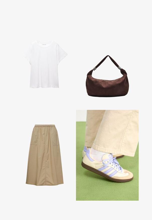 T-shirt bianco realizzato in un tessuto morbido e leggero. Presenta un collo rotondo e maniche corte e larghe con vestibilità morbida. Nessun motivo visibile.; Gonna beige con lunghezza al ginocchio, dotata di un elastico in vita, realizzata in tessuto leggero, con due tasche laterali e un semplice design plissettato.; Sneakers crema e lavanda con tre strisce e suola marrone texturizzata, dotati di lacci e tallone imbottito. Parte superiore in tessuto morbido.; Borsa a spalla in suede marrone con chiusura a zip, caratterizzata da una tracolla attorcigliata decorata con accenti metallici per un trasporto sicuro.