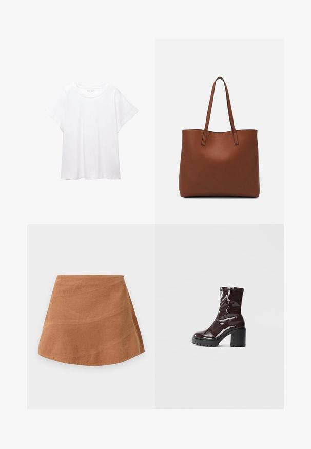 White T-shirt made of soft, lightweight fabric. Features a round neckline and short, wide sleeves with a relaxed fit. No visible patterns.; Brown corduroy mini skirt with a flared design, featuring a smooth texture and subtle vertical lines from the fabric's ribbed pattern.; Glossy burgundy ankle boot with a chunky black heel, featuring a smooth texture and simple design. No visible fastenings or patterns.; Brown leather tote bag with a smooth texture, open top design, and two shoulder straps. Features minimal stitching and no visible hardware.