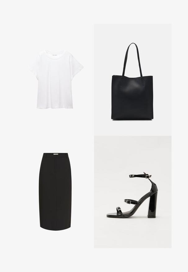 Bijela majica od mekane, lagane tkanine. Ima okrugli izrez i kratke, široke rukave s ležernim krojem. Bez vidljivih uzoraka.; Crna olovka suknja napravljena od glatkog materijala, s uskim siluetom, dizajnom do koljena i prednjim džepovima.; Crne lakirane sandale na pete sa kvadratnim nosom, trakama oko gležnja i srebrnim kopčama. Imaju čvrst blok petu za stabilnost.; Crna kožna torba za nošenje s glatkom teksturom, pravokutnim oblikom i dvije duge ručke. Nema vidljivih metalnih dijelova ili ukrasa.