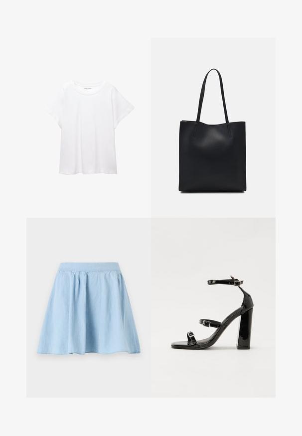 Bílý tričko vyrobené z měkké, lehké tkaniny. Má kulatý výstřih a krátké, široké rukávy s uvolněným střihem. Bez viditelných vzorů.; Světle modrá džínová sukně s rozšířeným designem, nabíraným pasem a hladkou texturou. Spodní lem se jemně zakřivuje.; Černé lakované sandály na podpatku se čtveratou špičkou, lýtkovými pásky a stříbrnými přezkami. Disponují masivním blokovým podpatkem pro stabilitu.; Černá kožená taška přes rameno s hladkým povrchem, obdélníkovým tvarem a dvěma dlouhými uchy. Žádné viditelné kování ani ozdoby.