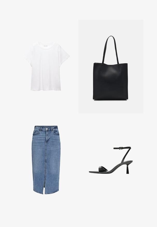 Bela majica s kratkimi rukavi, izdelana iz mehkega in lahkega blaga. Ima okroglo ovratnico ter kratke, široke rokave z udobnim krojem. Brez vidnih vzorcev.; Denim midi krilo v svetlo modri barvi z odprtino spredaj, petimi žepi, zankami za pas in gumbom za zapiranje v pasu. Klasičen kroj in tekstura.; Bershka Sandali z visoko peto - black; Črna usnjena torba s svilnato teksturo, pravokotne oblike in dvema dolgima ročajema. Brez vidnih metalnih delov ali okrasnih elementov.