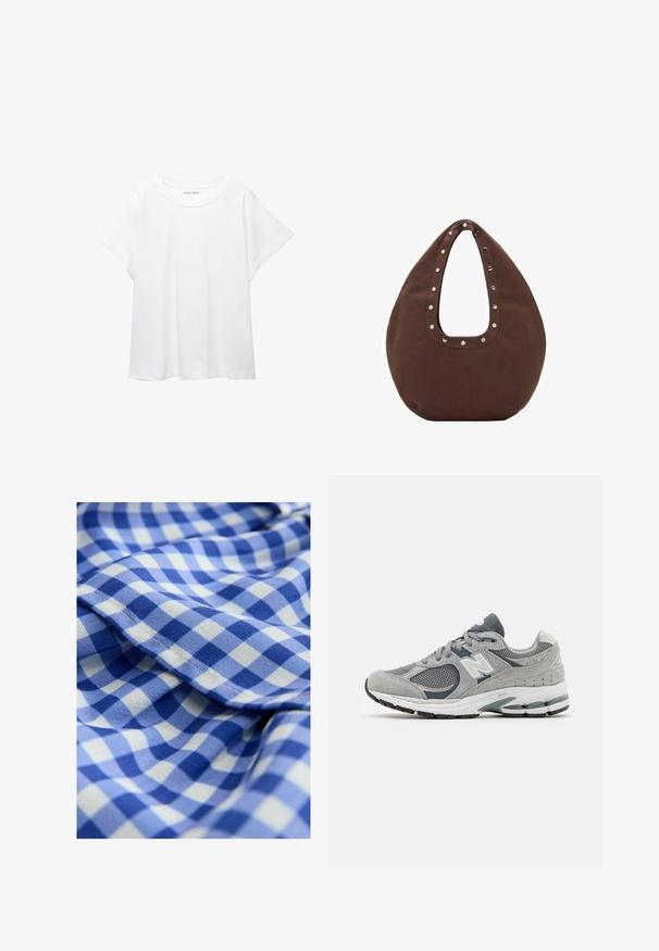 Weißes T-Shirt aus weichem, leichtem Stoff. Mit runder Halslinie und kurzen, weit geschnittenen Ärmeln für einen lässigen Sitz. Keine sichtbaren Muster.; Blau-weißer karierter Stoff mit einer weichen Textur, der kleine Quadrate in wechselnden Blautönen zeigt. Enthält ein gewelltes Kantendetail.; Graue Sneakers aus Mesh- und Wildledermaterialien, mit einem weißen Logo, gepolsterter Knöchelpartie und strukturiertem Gummisohle. Akzente in dunklerem Grau.; Braune Tragetasche mit geschwungenem Design, versehen mit einem großen Ausschnittgriff, der entlang der Kante mit silbernen Nieten verziert ist. Aus weichem Stoff gefertigt.