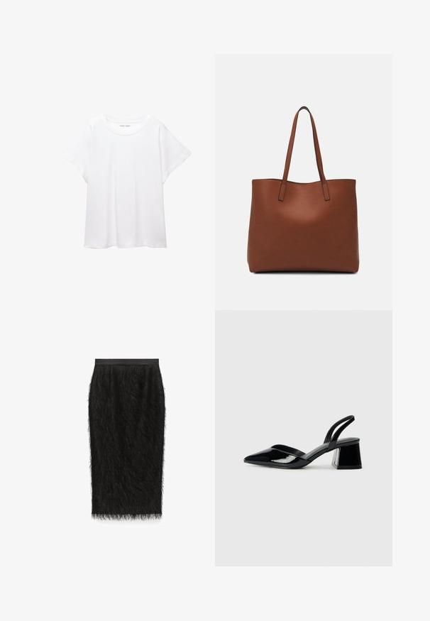 Weißes T-Shirt aus weichem, leichtem Stoff. Mit runder Halslinie und kurzen, weit geschnittenen Ärmeln für einen lässigen Sitz. Keine sichtbaren Muster.; Schwarzer Bleistiftrock aus strukturiertem Stoff mit samtiger Oberfläche. Verfügt über einen glatten Bund und einen knielangen Schnitt.; Schwarze Lackleder-Slingback-High Heels mit spitzem Schuh und einem geometrischen Blockabsatz. Verfügt über ein schlankes, minimalistisches Design und eine glatte Textur.; Braune Leder-Tote mit glatter Textur, offenem Oberteil und zwei Schulterriemen. Verfügt über minimale Nähte und keine sichtbaren Beschläge.