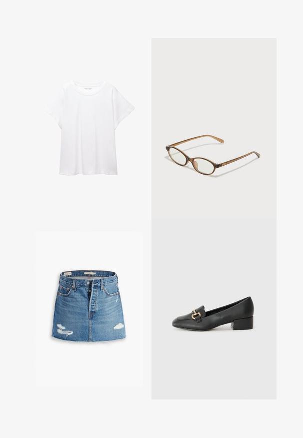 T-shirt bianco realizzato in un tessuto morbido e leggero. Presenta un collo rotondo e maniche corte e larghe con vestibilità morbida. Nessun motivo visibile.; Gonna mini in denim blu chiaro. Presenta orlo sfrangiato, due toppe strappate, chiusura con bottone frontale e cinque tasche. Taglio classico.; Mocassini in pelle nera con tacco piatto, dotati di un dettaglio decorativo in metallo dorato nella parte anteriore e una superficie liscia.; Occhiali tortoiseshell marroni con lenti ovali, aste sottili e dettagli trasparenti. Presentano un logo sottile sulla tempia. Design elegante e leggero.; Borsa a tracolla in pelle nera con due manici lunghi, una texture liscia e una forma strutturata. Presenta una tasca frontale per ulteriore spazio di archiviazione.