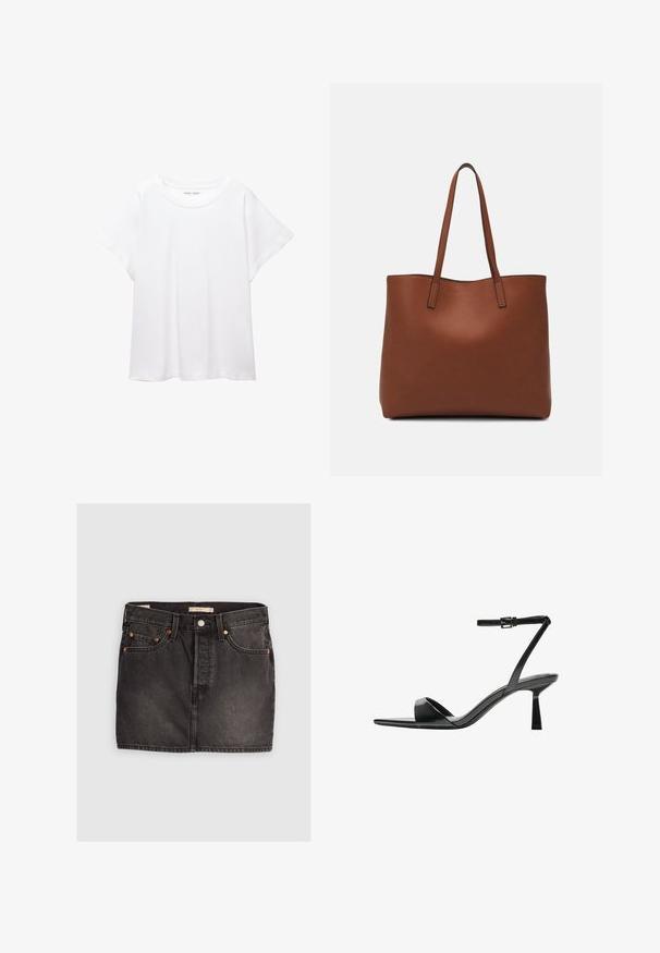 Valkoinen T-paita, joka on valmistettu pehmeästä ja kevyestä kankaasta. Omistaa pyöreän kaula-aukon ja lyhyet, leveät hihat rentoa istuvuutta varten. Ei näkyviä kuvioita.; Musta farkkuhame, jossa on viisi taskua, metallinappikiinnitys ja kontrastivärinen oranssi ommel. Ominaisuuksiin kuuluu suora leikkaus ja minimaalinen kulutus.; Bershka Korolliset sandaalit - black; Ruskea nahkainen olkalaukku, jossa on sileä pinta, avoin yläosa ja kaksi olkahihnaa. Omaavat vain minimaalisen ompelun eikä näkyvää metalliosaa.