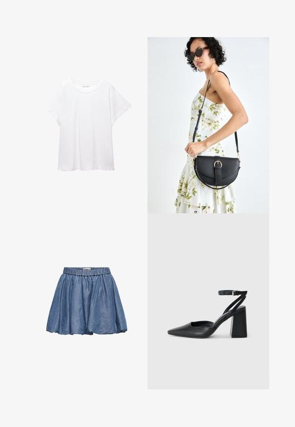 Biele tričko vyrobené z mäkkého, ľahkého materiálu. Má okrúhly výstrih a krátke, široké rukávy s uvoľneným strihom. Bez viditeľných vzorov.; Džínová sukňa s elastickým pásom, rozšírený strih a svetlomodrá farba. Má hladkú textúru a nariasenú látku.; Čierne kožené lodičky s špicatou špičkou a členkovým remienkom, s masívnym podpätkom. Hladký povrch, elegantný dizajn a minimalistická estetika.; Čierna kožená kabelka s zaobleným tvarom, odnímateľným popruhom a zlatými doplnkami. Kabelka má klopu s detailom s prackou.