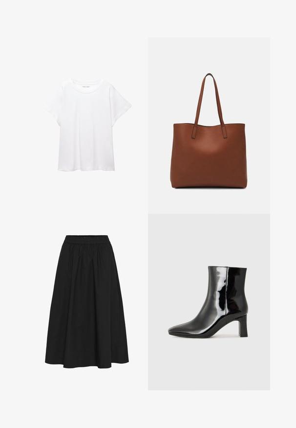 Bijela majica od mekane, lagane tkanine. Ima okrugli izrez i kratke, široke rukave s ležernim krojem. Bez vidljivih uzoraka.; Crna suknja do koljena od pamuka, s elastičnom trakicom u struku, nabranom teksturom i glatkom površinom bez vidljivih uzoraka.; Crne lakirane kožne gležnjače s šiljastim prstom i srednje visokom blok petom. Glatka tekstura i minimalistički dizajn.; Smeđa kožna torba preko ramena s glatkom teksturom, otvorenim vrhom i dvjema naramenicama. Ima minimalne šavove i nema vidljivog hardvera.