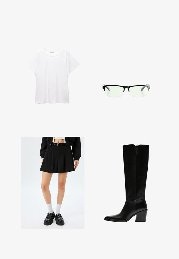 Biała koszulka wykonana z miękkiej, lekkiej tkaniny. Posiada okrągły dekolt oraz krótkie, szerokie rękawy, zapewniające luźny krój. Brak widocznych wzorów.; Czarna plisowana mini spódnica z paskiem, wykonana z gładkiego materiału. Połączona z lakierowanymi loafersami i białymi skarpetkami do kostek.; Czarne kozaki do kolan wykonane z gładkiej skóry, z ostro zakończonym noskiem, blokowym obcasem i wycięciem w kształcie litery V na górze.; Czarne prostokątne okulary z przezroczystymi soczewkami, posiadające eleganckie czarne oprawki i szare transparentne końcówki zauszników. Minimalistyczny design, bez widocznego logo.