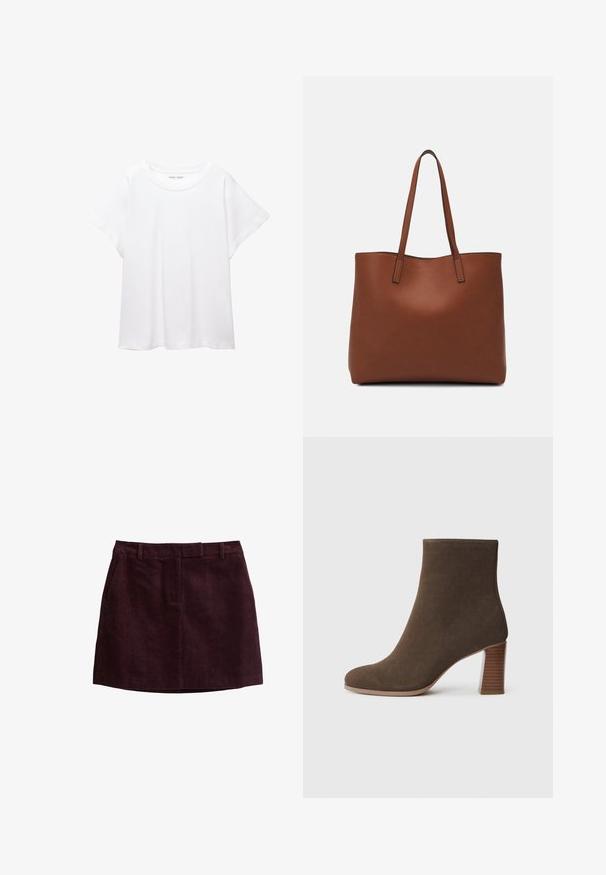 T-shirt bianco realizzato in un tessuto morbido e leggero. Presenta un collo rotondo e maniche corte e larghe con vestibilità morbida. Nessun motivo visibile.; Mini gonna in velluto a coste viola scuro con passanti per cintura, tasche frontali e una cucitura centrale sulla parte anteriore.; Stivale alla caviglia in suede marrone con punta rotonda e tacco impilato e testurizzato. Esterno liscio senza chiusure visibili o decorazioni.; Borsa tote in pelle marrone con texture liscia, design con apertura superiore e due spallacci. Presenta cuciture minime e nessun hardware visibile.