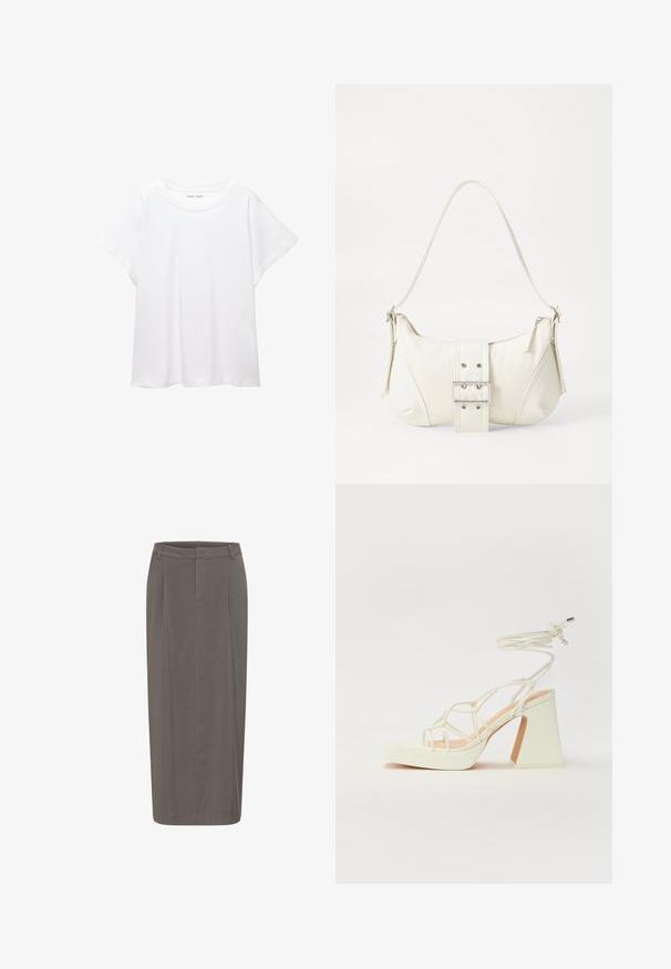 T-shirt blanc en tissu doux et léger. Il présente un col rond et des manches courtes et larges avec une coupe décontractée. Aucun motif visible.; Jupe crayon grise avec une silhouette droite, dotée de plis à l'avant, d'une taille et d'une texture lisse. Pas de fermetures ni de poches visibles.; Sandale blanche à talons hauts avec un talon épais, présentant un design à lanières et un lien autour de la cheville. Texture lisse avec une plateforme à l'avant pour une hauteur supplémentaire.; Sac à épaule blanc avec une finition texturée, une accentuation par une boucle centrale et une forme courbée. Fermetures éclair des deux côtés.