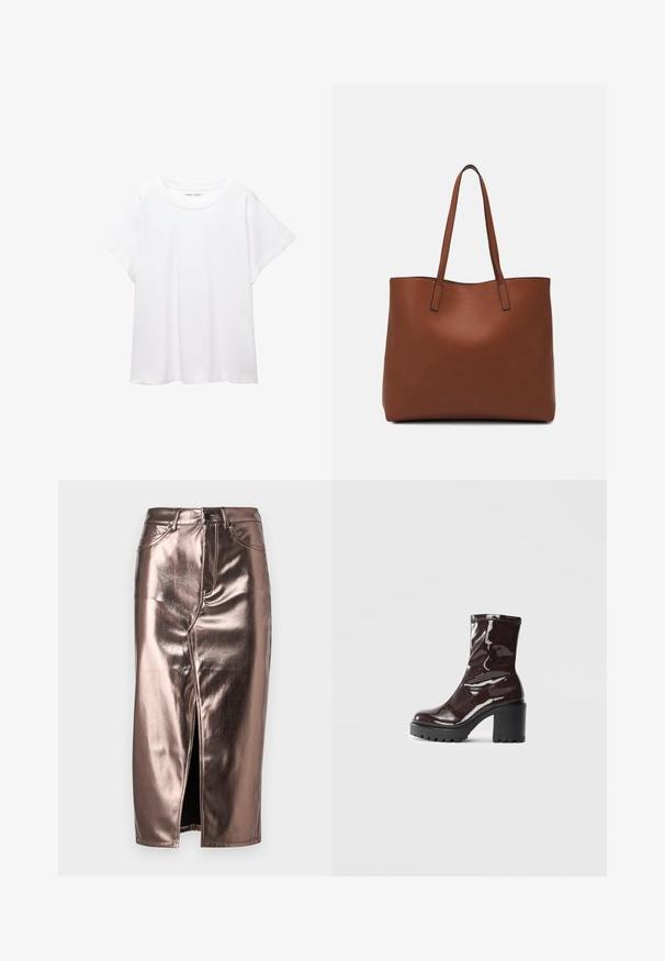 Fehér póló, puha, könnyű anyagból készült. Kerek nyakú, rövid, széles ujjaival és laza szabásával rendelkezik. Nincsenek látható minták.; Fémes bronz midi szoknya elöl kivágással, klasszikus farmer szabással, öt zsebbel és gombos záródással a deréknál.; Fényes bordó bokacsizma vastag fekete sarokkal, sima felülettel és egyszerű dizájnnal. Nincsenek látható zárak vagy minták.; Barna bőr vászontáska sima textúrával, nyitott tetejű dizájnnal és két vállpánttal. Minimális varrással és látható hardver nélkül készült.