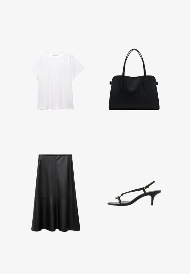 Weißes T-Shirt aus weichem, leichtem Stoff. Mit runder Halslinie und kurzen, weit geschnittenen Ärmeln für einen lässigen Sitz. Keine sichtbaren Muster.; Schwarzer Lederrock, A-Linien-Form, knielang, glatte Textur, Nahtdetails, ausgestellt gesäumt und unsichtbarer Reißverschluss hinten.; Schwarze Leder-Kitten-Heel-Sandale mit dünnen Riemen, goldener Schnalle und minimalistischer Zehen-Schlaufe vor einem weißen Hintergrund.; Schwarze Lederhandtasche mit zwei Schulterriemen, rechteckiger Form und minimalistischem Design auf weißem Hintergrund.