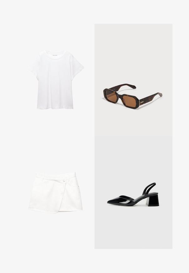 Bílý tričko vyrobené z měkké, lehké tkaniny. Má kulatý výstřih a krátké, široké rukávy s uvolněným střihem. Bez viditelných vzorů.; Bílá denimová mini sukně s překládaným designem, vybavená předním zapínáním na knoflík, dvěma bočními kapsami a hladkým textilním materiálem.; Černé lakované kožené lodičky na pásku s špičatou špičkou a geometrickým blokovým podpatkem. Vyznačují se elegantním, minimalistickým designem a hladkým povrchem.; Sluneční brýle s želvovinovým vzorem a hexagonálním rámem, hnědé čočky a zlaté logo 'QUAY' na rameni. Hladký povrch, robustní design.; Černá kožená hobo taška s hladkým povrchem, zakřiveným tvarem a jedním nastavitelným popruhem; má široké otevírání nahoře.