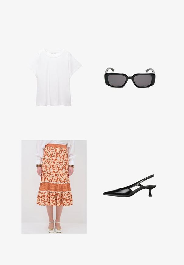 Bílý tričko vyrobené z měkké, lehké tkaniny. Má kulatý výstřih a krátké, široké rukávy s uvolněným střihem. Bez viditelných vzorů.; Rozšířená midi sukně v oranžovo-krémovém květinovém vzoru, s volánkovým lemem, kostkovanou částí a vykrojeným okrajem. Vyrobena z lehkého materiálu.; Černé lakované lodičky na podpatku se špičatou špičkou, výřezovým designem na boku a malým čtvercovým podpatkem. Hladká textura s minimálními akcenty.; Černé obdélníkové sluneční brýle s tmavými skly, hladkým plastovým rámem a zakřivenými stranicemi. Design je robustní s minimalistickou estetikou.