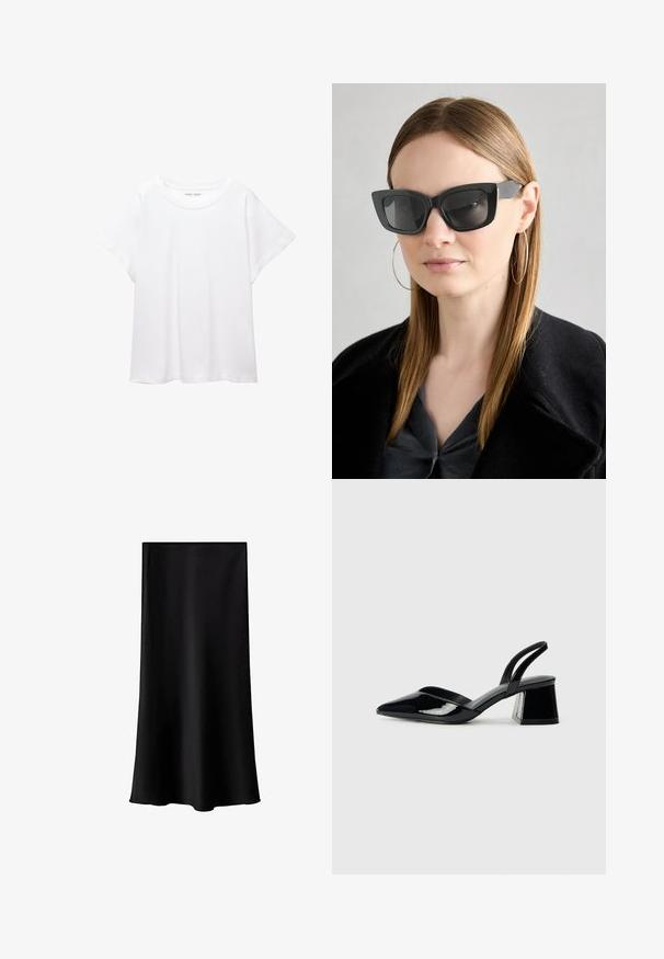 Bijela majica od mekane, lagane tkanine. Ima okrugli izrez i kratke, široke rukave s ležernim krojem. Bez vidljivih uzoraka.; Crna midi suknja napravljena od glatkog, laganog materijala. Ima ravni kroj, bez vidljivih metalnih dijelova i jednostavan dizajn bez uzoraka.; Crne lakirane kožne sandale s otvorenom petom i špicastim vrhom, s geometrijskom blok petom. Imaju elegantan, minimalistički dizajn i glatku teksturu.; Crne mačje naočale s tamnim staklima, debelim okvirima i suptilnim detaljima. Nosit će se s crnim kaputom i sivoj majici, s dugom ravnom kosom.