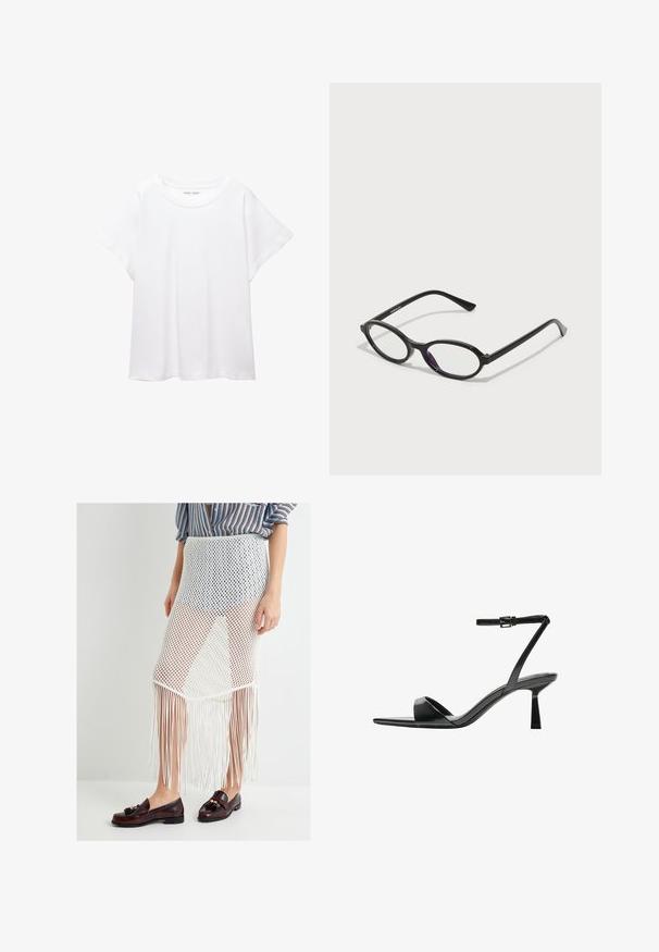 Witte T-shirt van zacht, lichtgewicht stof. Heeft een ronde halslijn en korte, brede mouwen met een ontspannen pasvorm. Geen zichtbare patronen.; Witte mesh rok met een franjeszoom, voorzien van een open gebreid ontwerp. Draag met bruine instappers, die een gestructureerde stof en horizontaal patroon laten zien.; Bershka Sandalen met hoge hak - black; Zwarte ovale brillen met doorschijnende paarse accenten op de lenzen. De monturen hebben een matte afwerking en slanke, rechte veren.; Bershka WITH CHAIN - Handtas - black