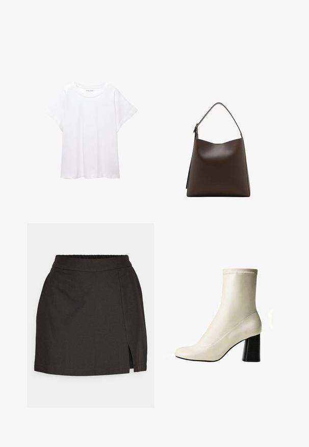 Witte T-shirt van zacht, lichtgewicht stof. Heeft een ronde halslijn en korte, brede mouwen met een ontspannen pasvorm. Geen zichtbare patronen.; Zwarte rok gemaakt van gladde stof, met een elastische tailleband, een rechte snit en een zijsplit voor gemakkelijk bewegen.; Crème enkelboot van soepel materiaal met een puntige neus en een gestructureerde zwarte blokhak. Naaddetails langs de zijkanten.; Bruine leren handtas met een gebogen bovenkant, enkele schouderband en een gladde textuur. Heeft een minimalistisch ontwerp en een open sluiting.