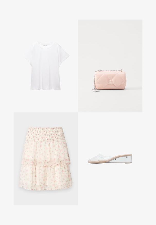 Bílý tričko vyrobené z měkké, lehké tkaniny. Má kulatý výstřih a krátké, široké rukávy s uvolněným střihem. Bez viditelných vzorů.; Květinová vrstvená sukně vyrobená z lehké látky. Disponuje smockovaným pasem, růžovými květinami a smetanovým pozadím s jemnou, průhlednou texturou.; Průhledné skluzné sandály s transparentní horní částí a béžovým podpatkem. Mají hladký povrch a minimalistický design.; Prošívaná růžová kožená taška se stříbrným řetízkovým popruhem, s logem, kulatým tvarem a hladkým povrchem. Vhodná na různé příležitosti.