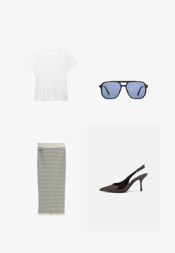 Biała koszulka wykonana z miękkiej, lekkiej tkaniny. Posiada okrągły dekolt oraz krótkie, szerokie rękawy, zapewniające luźny krój. Brak widocznych wzorów.; Jasno-kremowa spódnica z ryfoldowanym wzorem, ozdobiona poziomymi czarnymi paskami i małym haftowanym logo w okolicy talii.; Sandały na obcasie typu slingback z błyszczącej ciemno-brązowej lakierowanej skóry, w szpic, z otwartymi bokami i regulowanym paskiem wokół kostki.; Stradivarius - Okulary przeciwsłoneczne