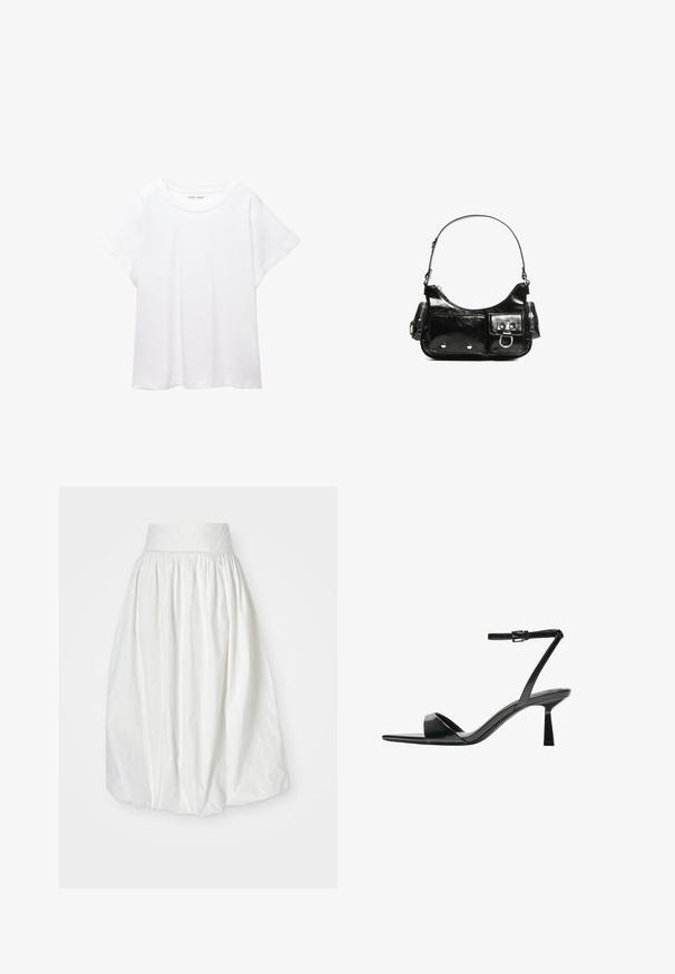 Tricou alb dintr-un material moale și ușor. Prezintă un decolteu rotund și mâneci scurte, largi, cu un croi lejer. Fără modele vizibile.; Fustă midi albă dintr-un material ușor, cu un tiv înalt, pliat și o siluetă voluminoasă, fluidă, cu o textură subtilă.; Bershka Sandale cu toc - black; Geantă de mână din piele lăcuită neagră, cu o formă curbată, un umăr, buzunare frontale și accente din metal argintiu.