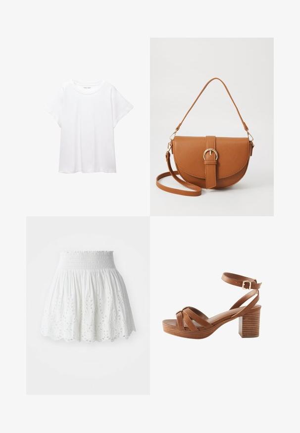 Weißes T-Shirt aus weichem, leichtem Stoff. Mit runder Halslinie und kurzen, weit geschnittenen Ärmeln für einen lässigen Sitz. Keine sichtbaren Muster.; Weißes Baumwollrock mit gerafftem Bund, verziert mit gestickten Blumen-Ausschnitten entlang des Saums und einer ausgestellten Silhouette.; Next Plateausandalette - tan brown; Braune Leder-Crossbody-Tasche mit geschwungener Form, goldfarbenen Beschlägen und einer Schnallenakzentuierung. Verfügt über einen abnehmbaren Schultergurt.